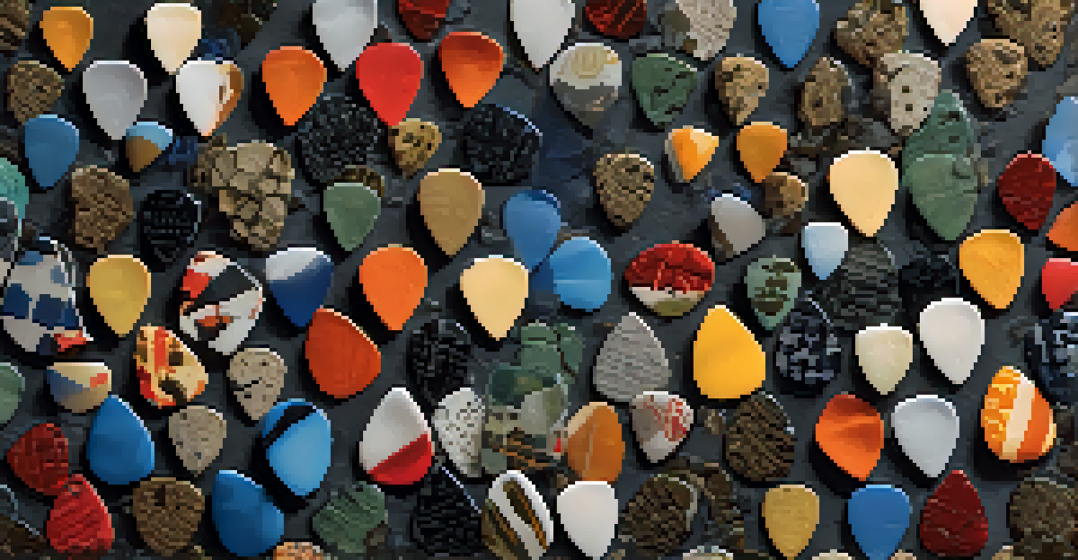 A colorful array of guitar picks on textured fabric, showcasing different designs and colors.
