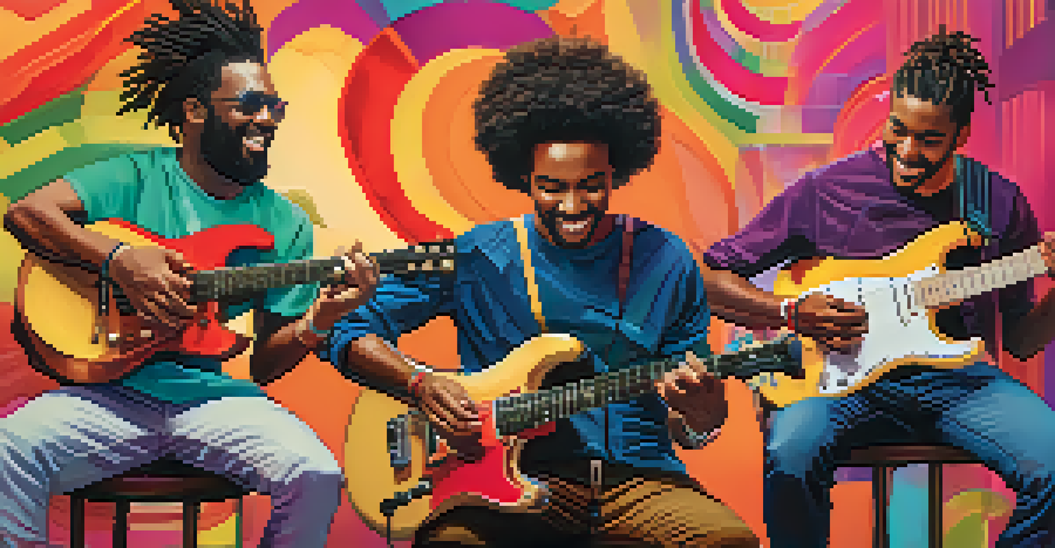 A split-screen view of musicians jamming together online with smiles, each playing their instruments.