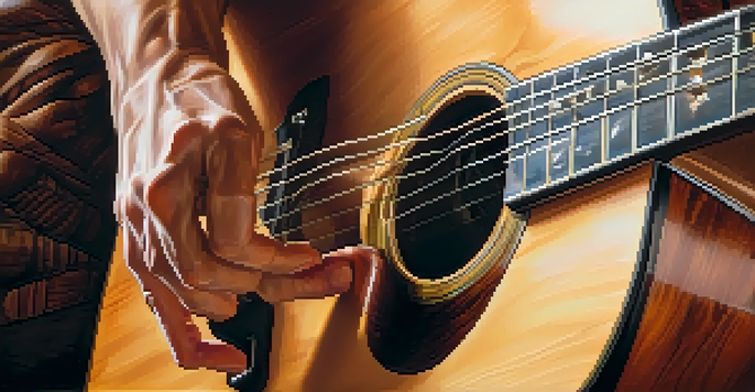 A close-up view of a musician's hands playing an acoustic guitar, showcasing the detailed wood grain and warm, inviting background light.