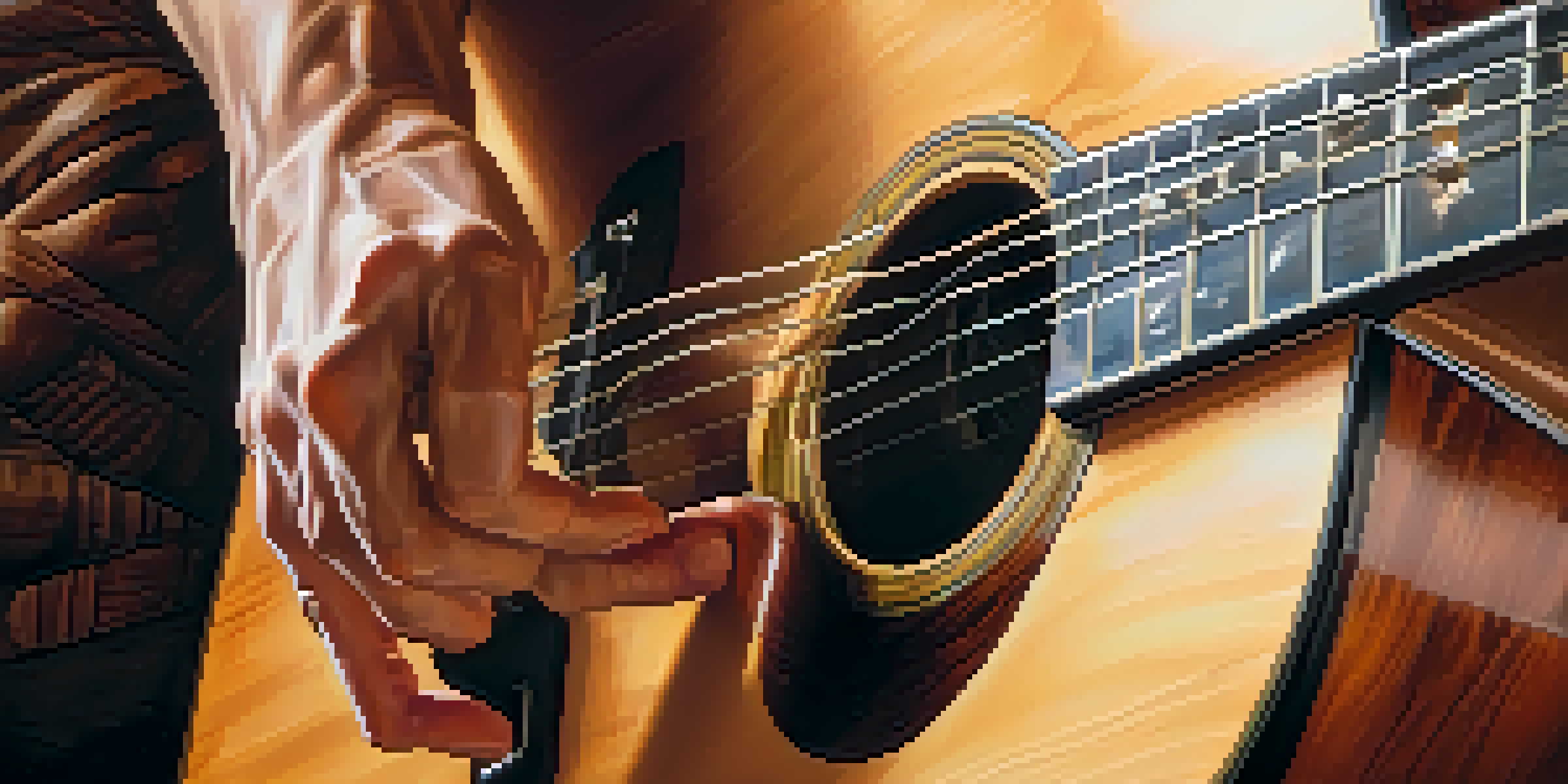 A close-up view of a musician's hands playing an acoustic guitar, showcasing the detailed wood grain and warm, inviting background light.