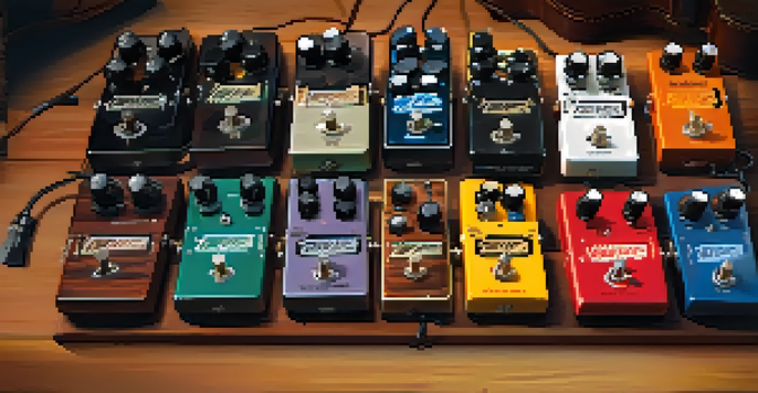 A variety of colorful guitar pedals arranged on a wooden pedalboard, illuminated by warm lighting, showcasing their textures and details.