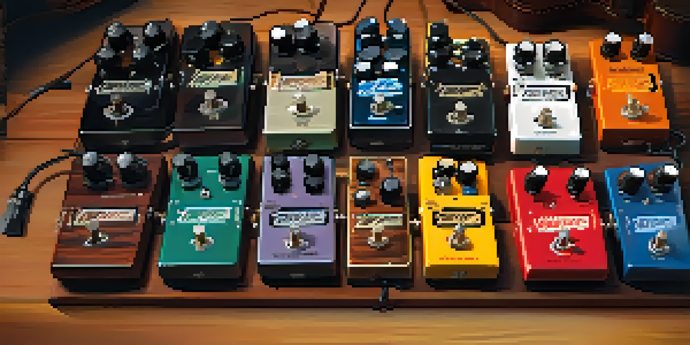 A variety of colorful guitar pedals arranged on a wooden pedalboard, illuminated by warm lighting, showcasing their textures and details.