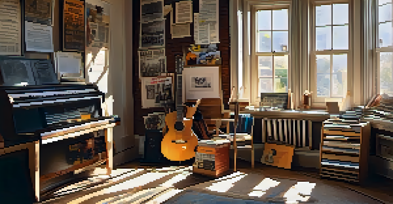 An artist's workspace featuring a vintage guitar, sheet music, and lyrics in a sunlit room.