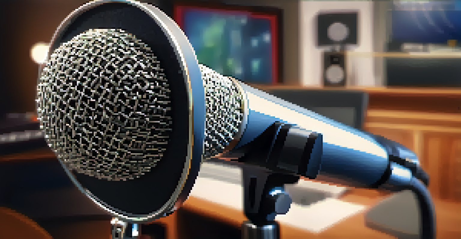 A close-up of a quality microphone on a stand, with a blurred home studio background, showcasing professional recording equipment.