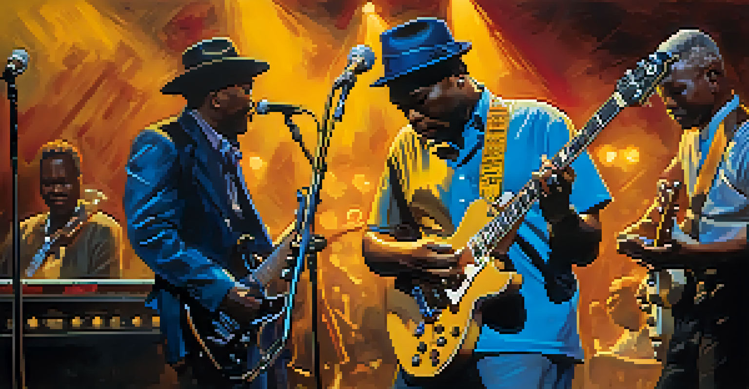 A passionate blues guitarist performing on stage at a competition, with a smoky atmosphere and attentive audience in the background.