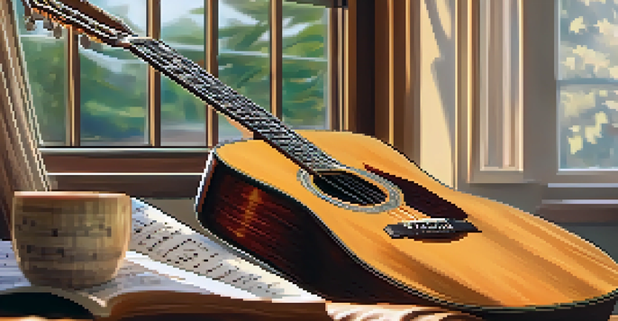 A close-up of an acoustic guitar on a wooden table, illuminated by natural light, with a cozy living room in the background.