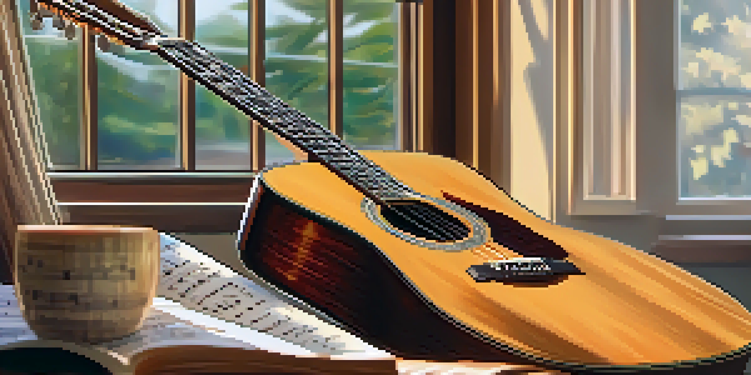 A close-up of an acoustic guitar on a wooden table, illuminated by natural light, with a cozy living room in the background.