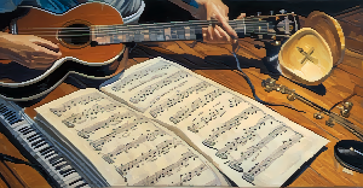 An overhead view of a musician practicing guitar with sheet music and a metronome in a cozy setting.
