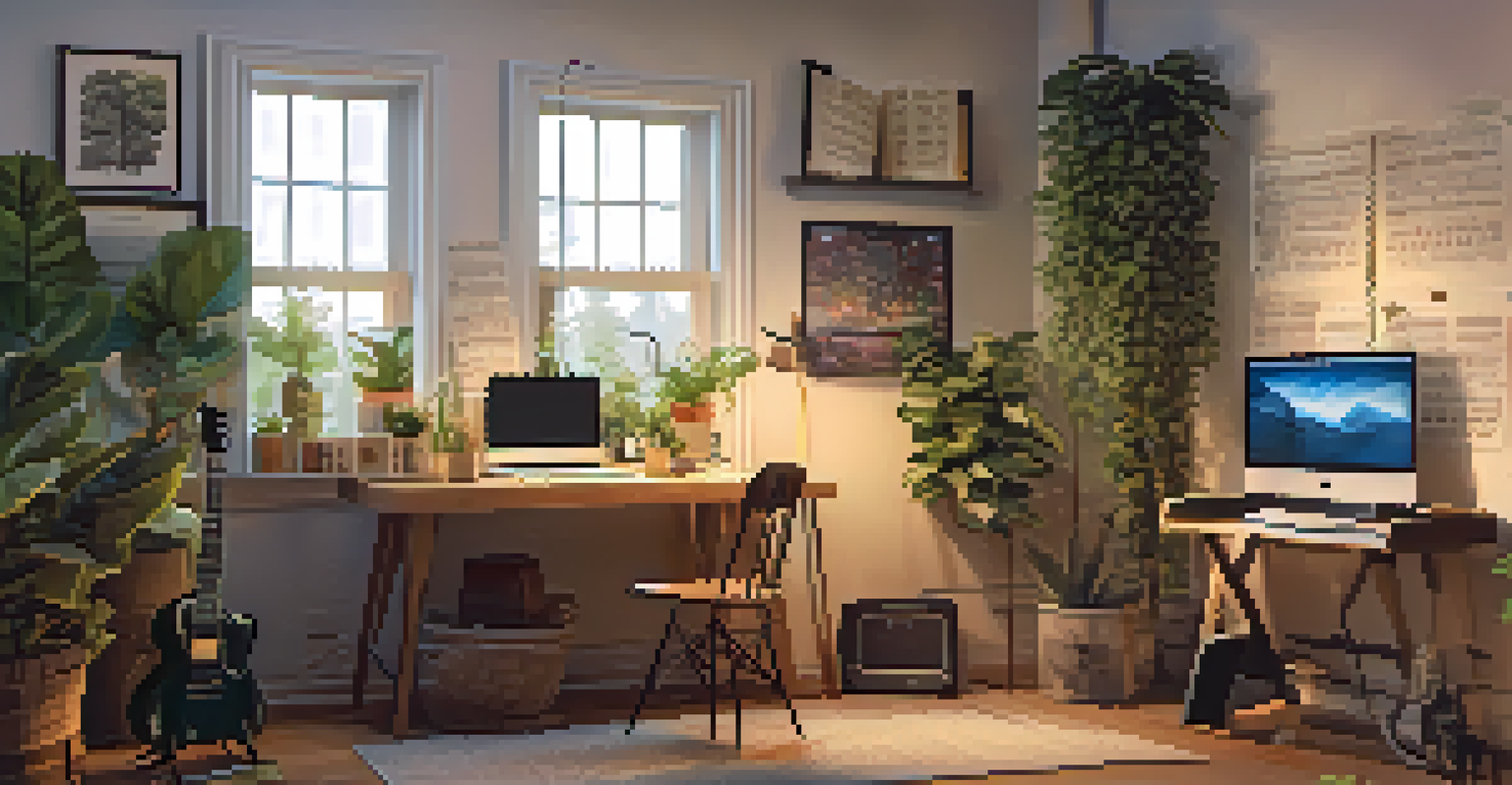 An artist's workspace displaying a guitar, sheet music, and a laptop, warmly lit with cozy decor.