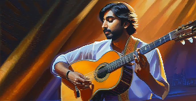 A close-up of an Indian classical guitarist performing with intricate finger techniques, warm lighting, and an engaged audience in the background.