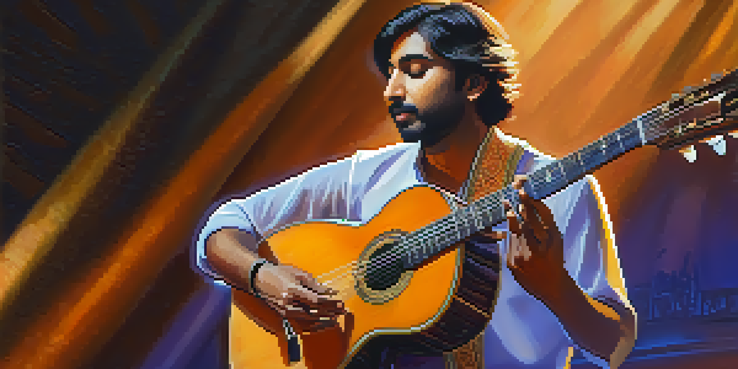 A close-up of an Indian classical guitarist performing with intricate finger techniques, warm lighting, and an engaged audience in the background.