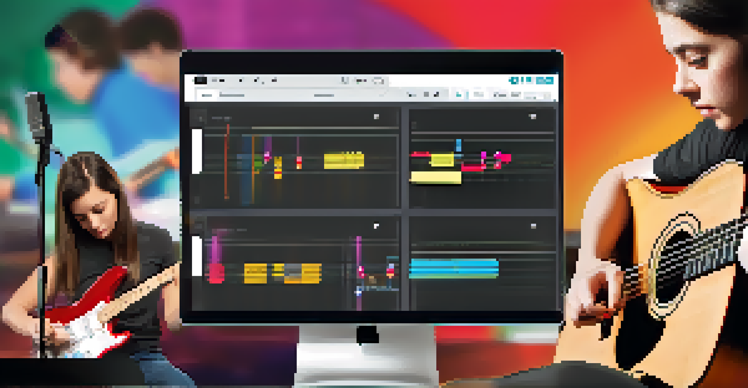An online guitar lesson showing an instructor and a student practicing together in a vibrant digital classroom.