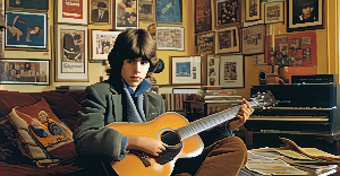 A young George Harrison playing guitar in a cozy living room filled with warm light and vintage music posters.