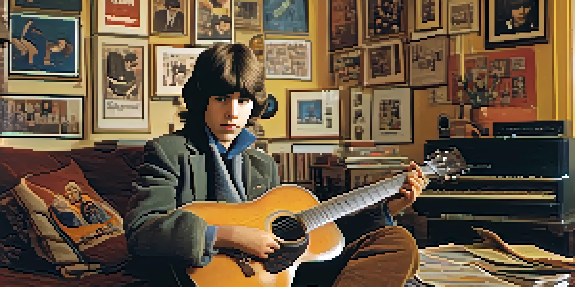 A young George Harrison playing guitar in a cozy living room filled with warm light and vintage music posters.