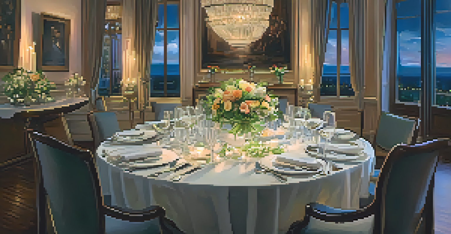 A beautifully arranged dining table for a special event with a five-course meal and a guitarist performing in the background.