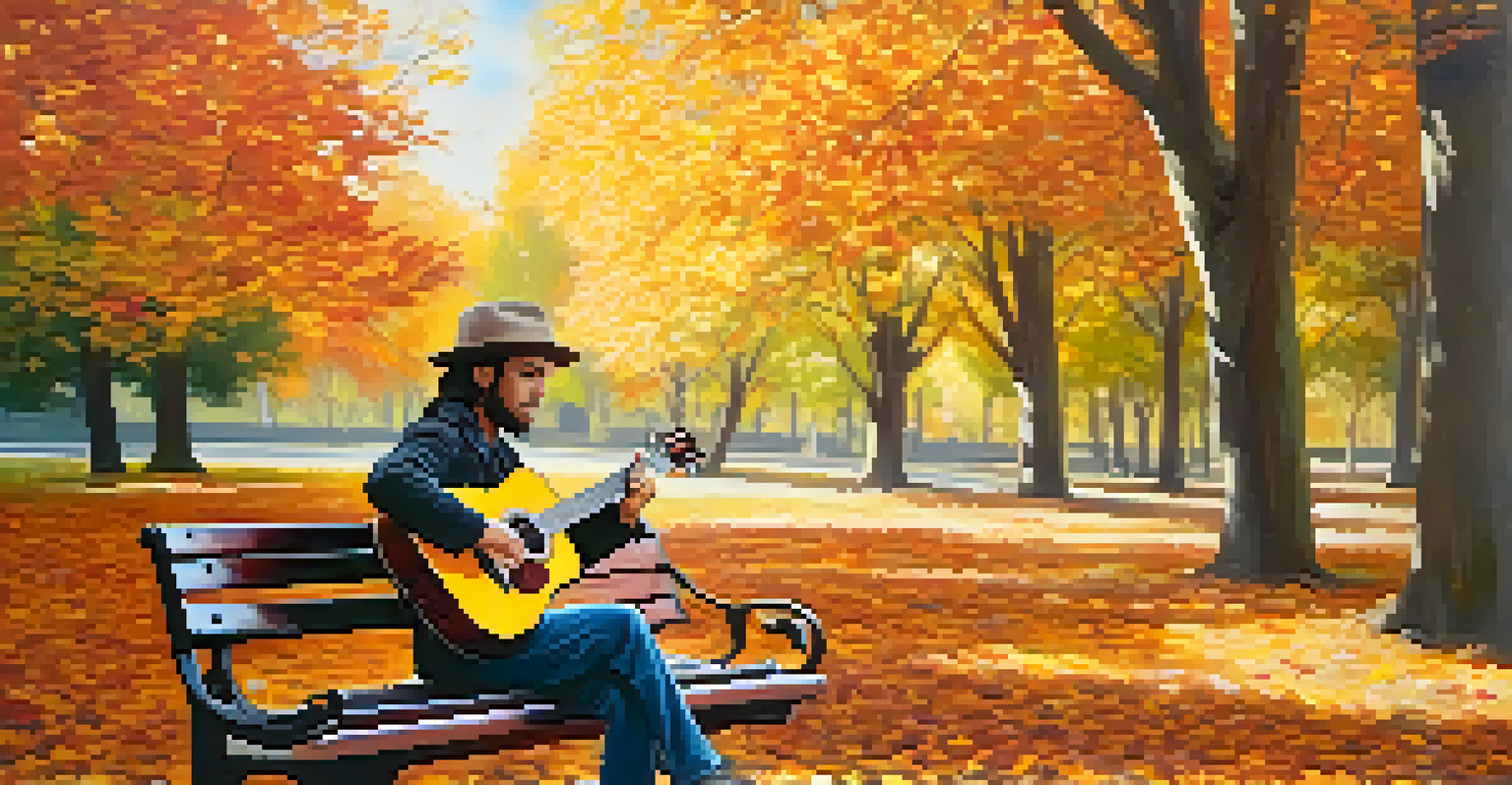 A musician playing guitar on a park bench in autumn, surrounded by colorful leaves and sunlight filtering through trees.