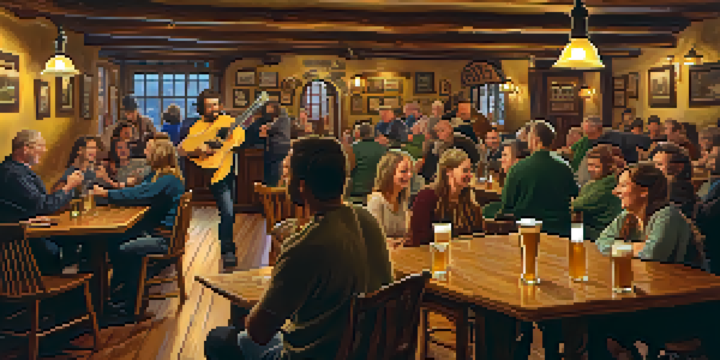 A cozy pub scene with a guitarist performing, warm lighting, and people dancing around.