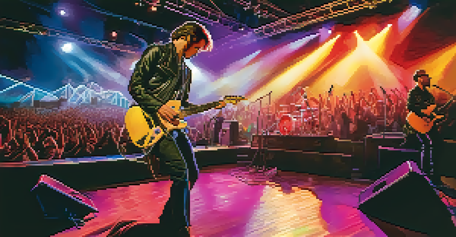 A band performing on stage with the lead guitarist sliding on his instrument, surrounded by colorful lights and an engaged audience.