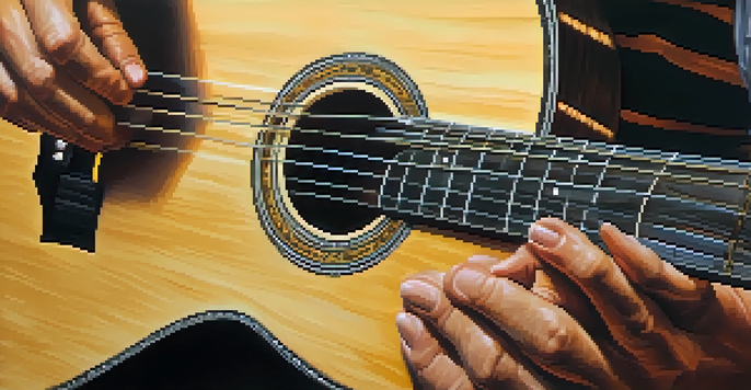 A close-up of a musician's hands playing an acoustic guitar, with warm lighting and blurred background.