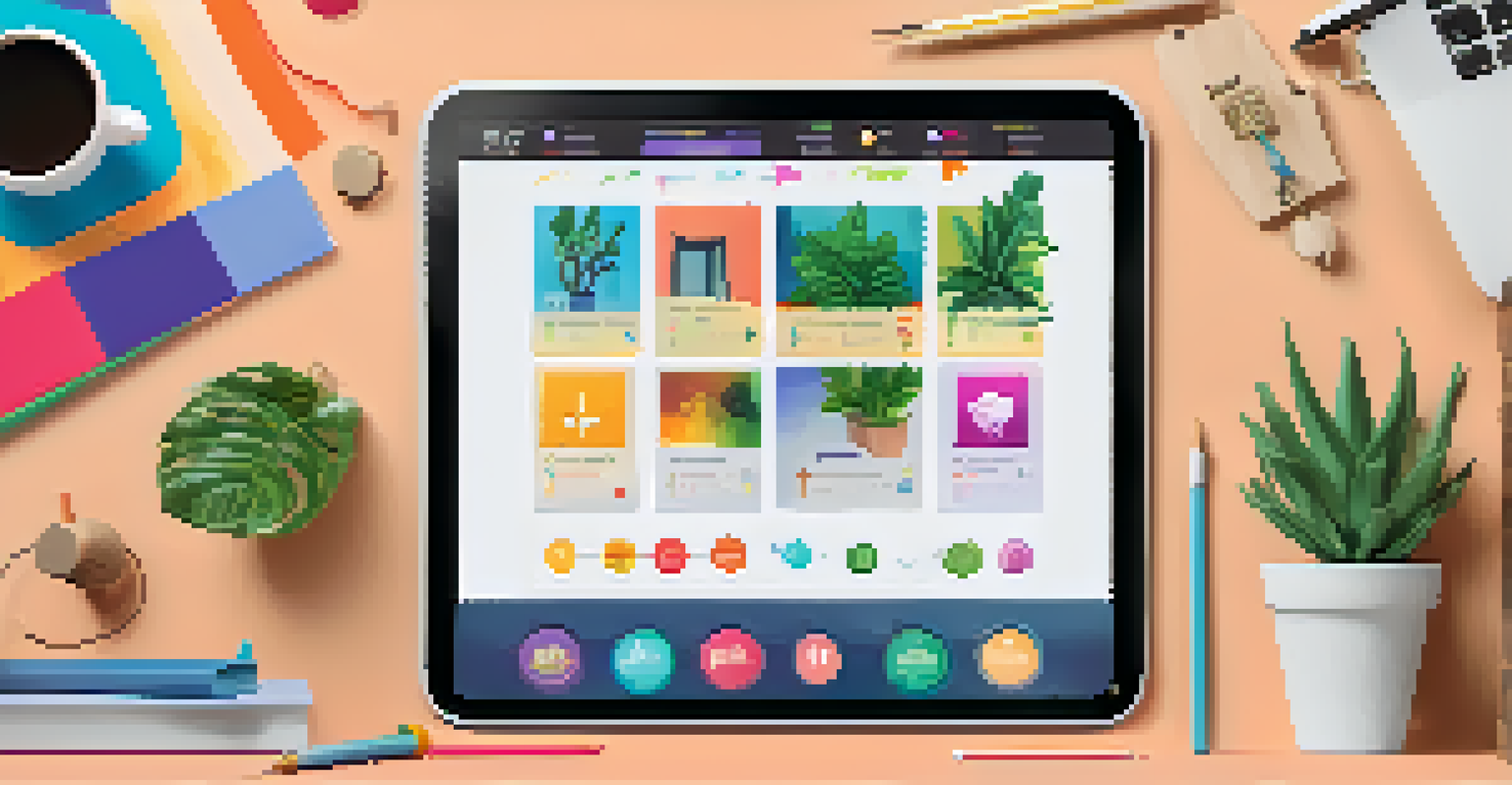 A tablet showing an interactive guitar learning platform with colorful graphics and gamified elements.