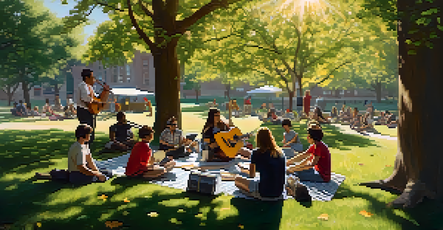 A group of musicians participating in an outdoor guitar workshop under a tree, with a teacher demonstrating techniques.