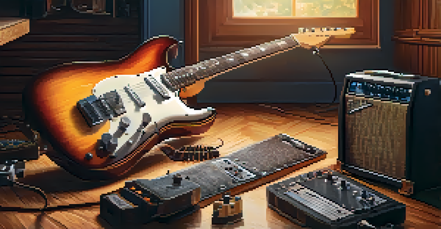 A vintage electric guitar resting on a wooden table, surrounded by guitar effects pedals under warm ambient lighting.