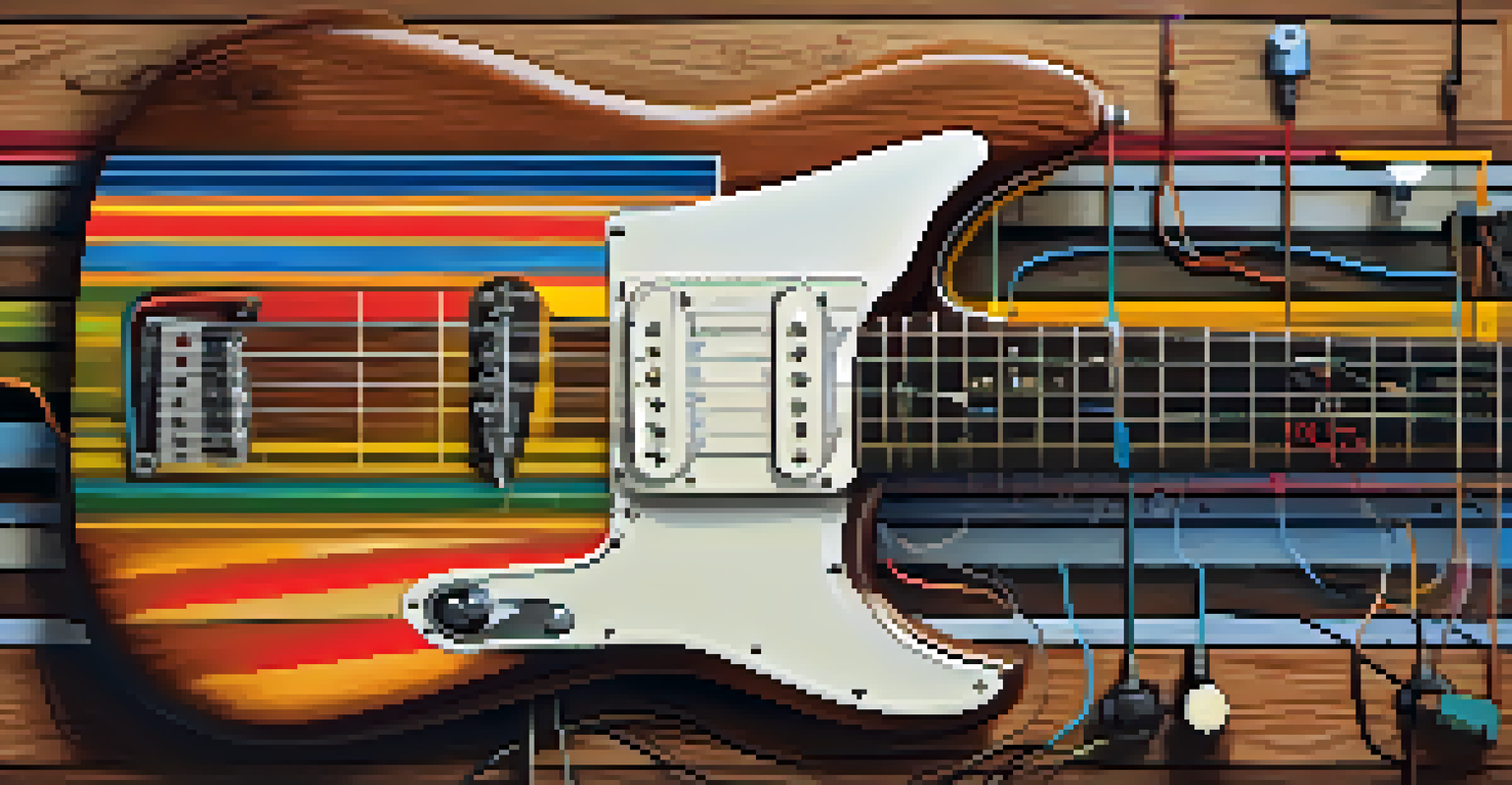 An artistic guitar wiring diagram with colorful lines and symbols on a textured wooden background, softly illuminated.