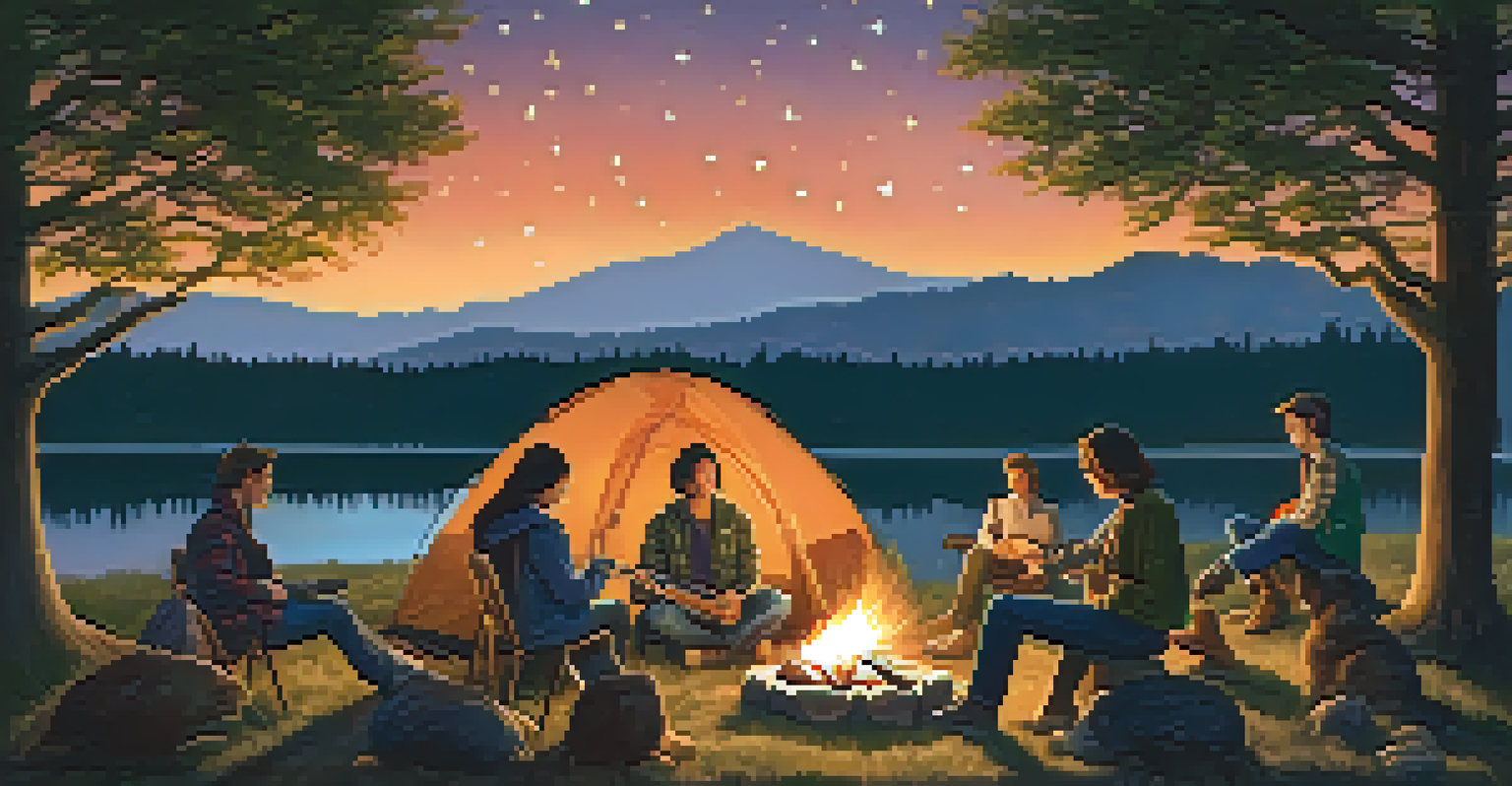 Friends gathered around a campfire with one person playing acoustic guitar, under a starry night sky.