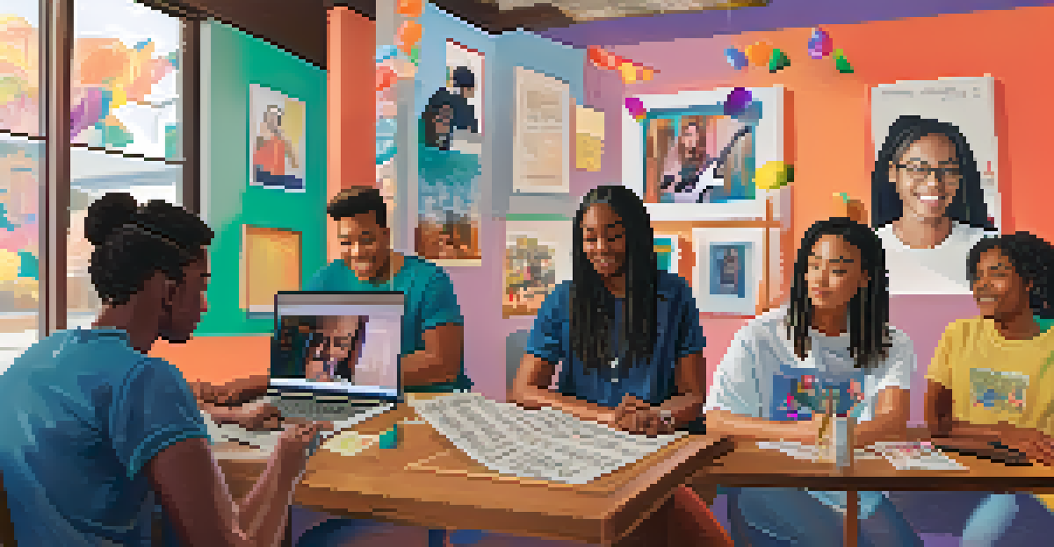 A diverse group of students engaged in an online jam session, collaborating over video call with guitars.