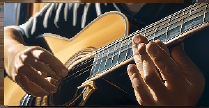 A close-up image of a guitarist's hands playing an acoustic guitar, focusing on the fingerpicking technique with soft sunlight illuminating the scene.