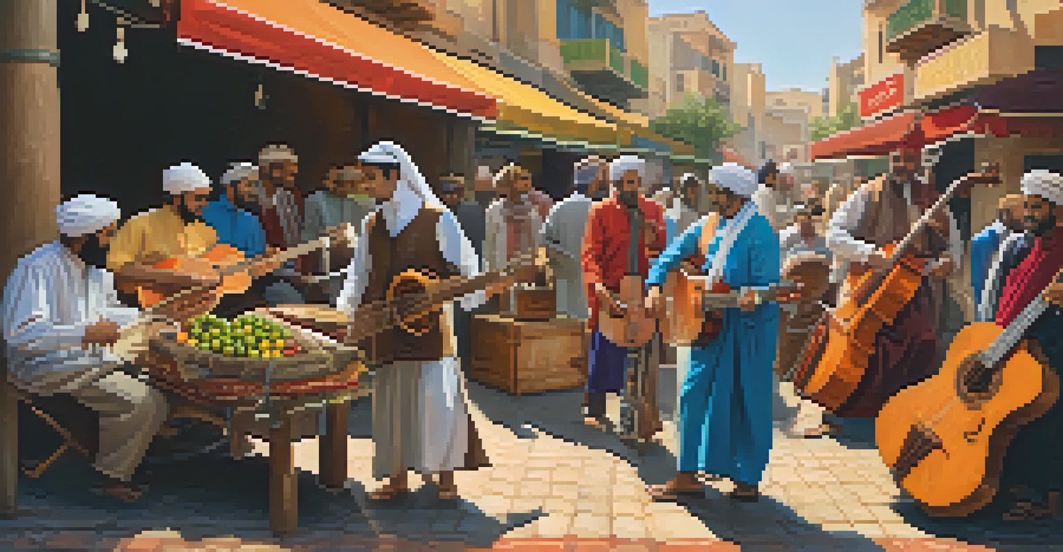 A bustling street market with musicians blending Middle Eastern and modern music, surrounded by colorful textiles and spices.