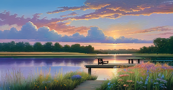A tranquil lake at sunset with a wooden dock and wildflowers in the foreground.