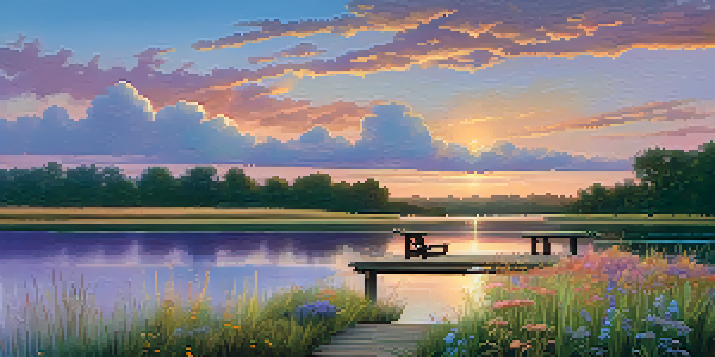 A tranquil lake at sunset with a wooden dock and wildflowers in the foreground.