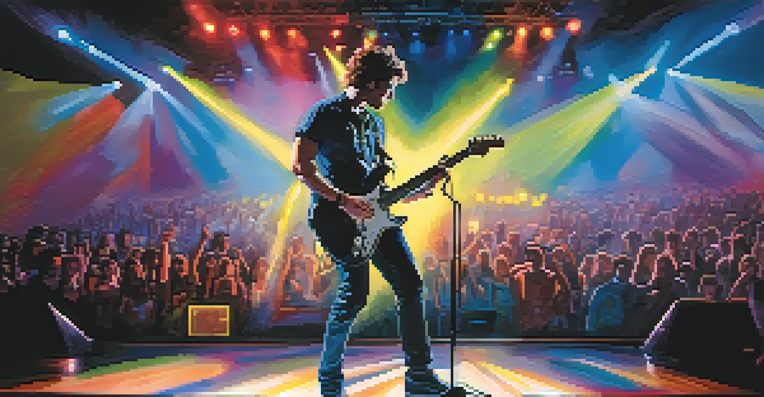 A musician on stage using a MIDI controller and electric guitar while performing to a cheering audience.