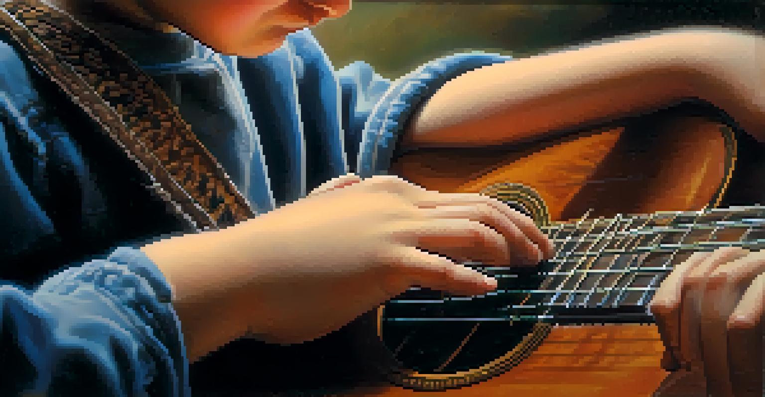 Close-up of a child's hands playing guitar, showcasing finger placement and a music sheet in the background.