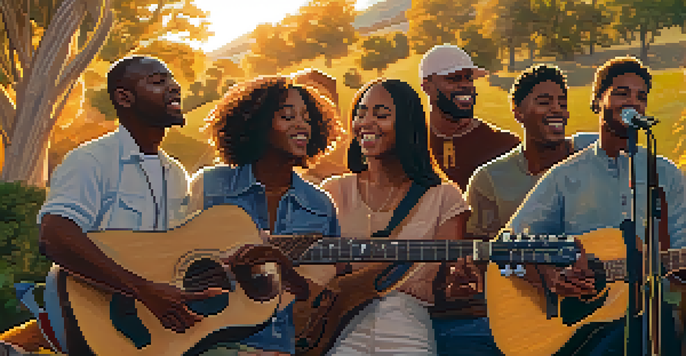 A diverse group of people gathered outdoors with guitars, singing protest songs during sunset, expressing unity and passion for social justice.