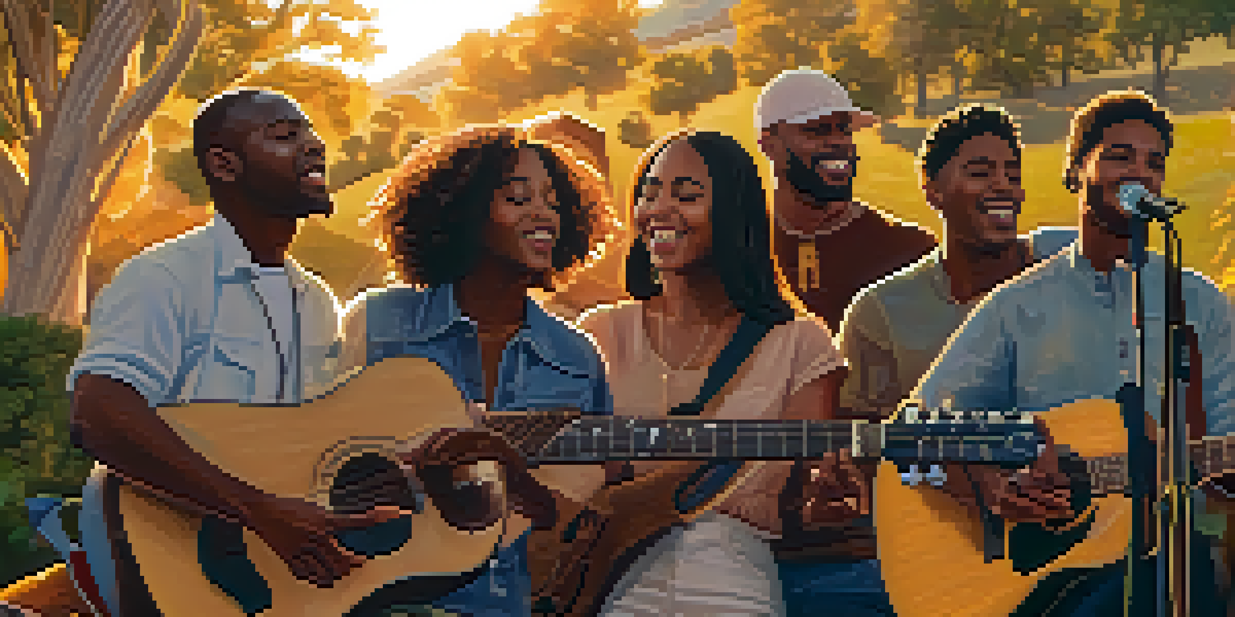 A diverse group of people gathered outdoors with guitars, singing protest songs during sunset, expressing unity and passion for social justice.