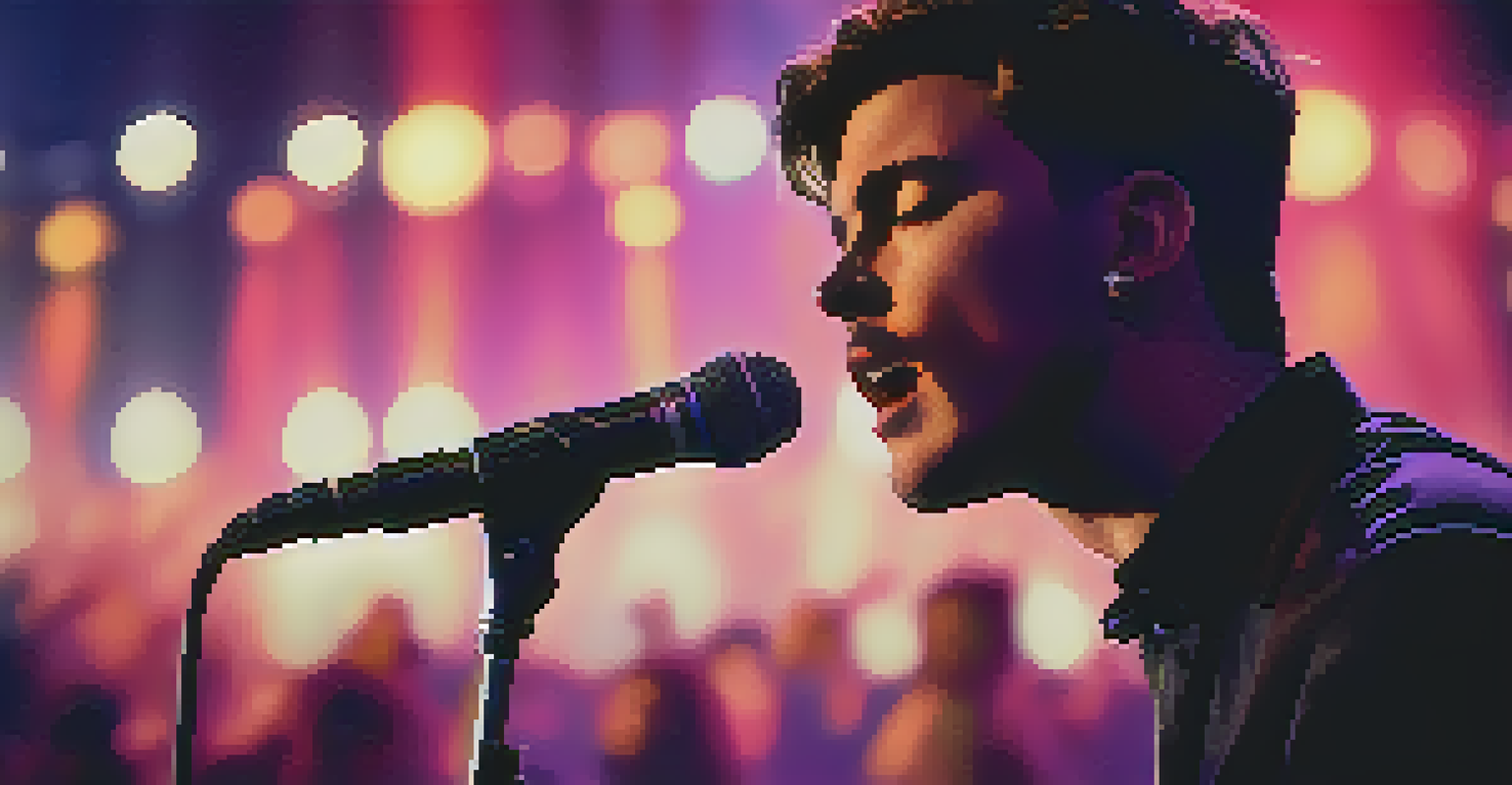 A close-up of a singer performing with in-ear monitors, focused on their expression, with the audience blurred in the background.
