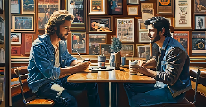 Two guitarists in a coffee shop discussing music collaboration, one playing acoustic guitar and the other with an electric guitar nearby.