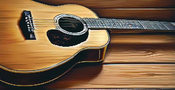 A close-up view of an acoustic guitar on a wooden table, with soft natural lighting highlighting its details.
