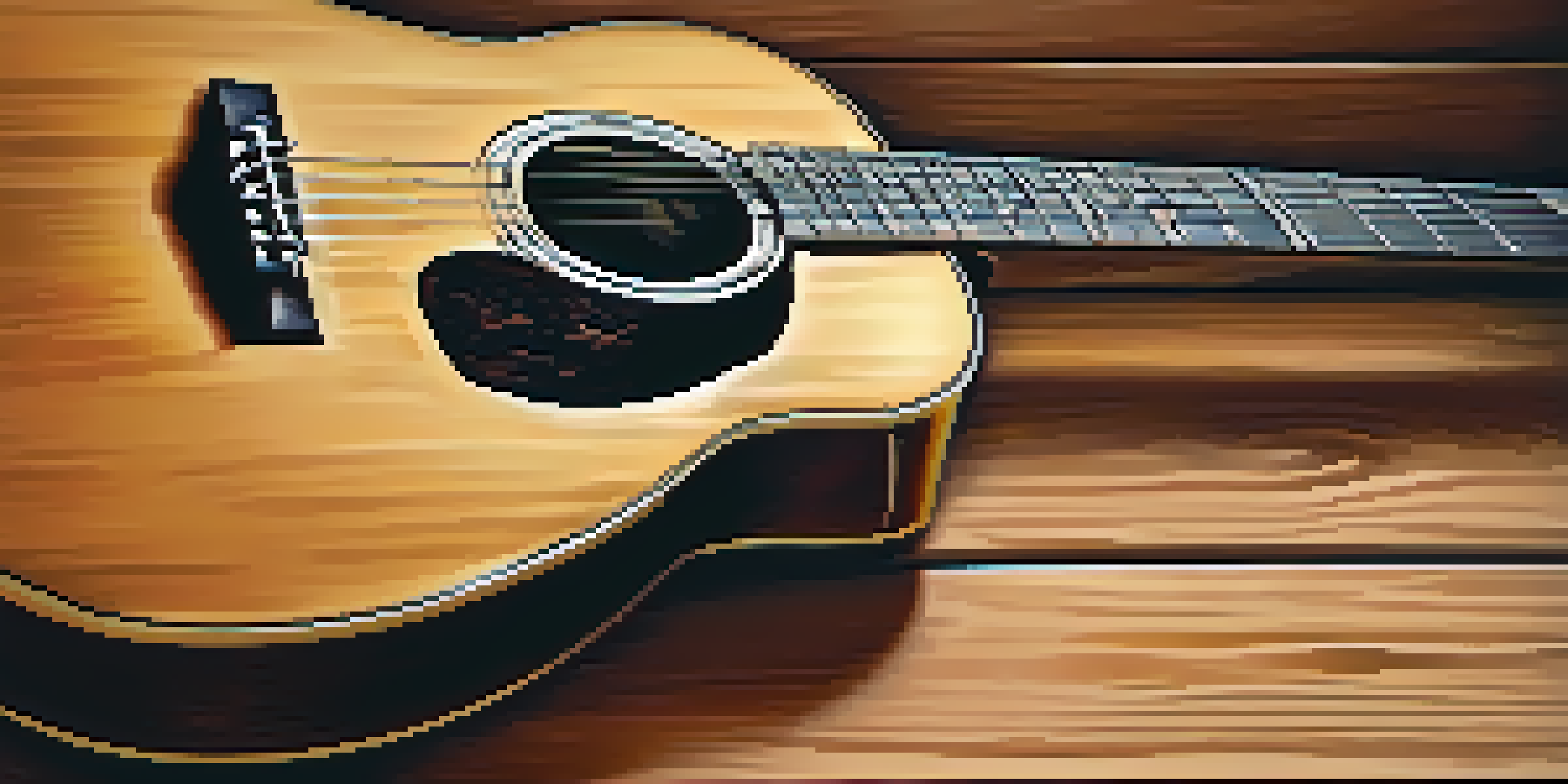 A close-up view of an acoustic guitar on a wooden table, with soft natural lighting highlighting its details.