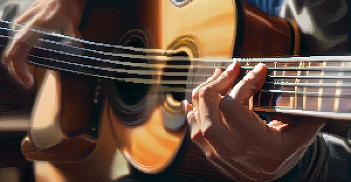 Close-up of a musician's hands playing a classical guitar in a sunlit room, with a blurred bookshelf in the background.