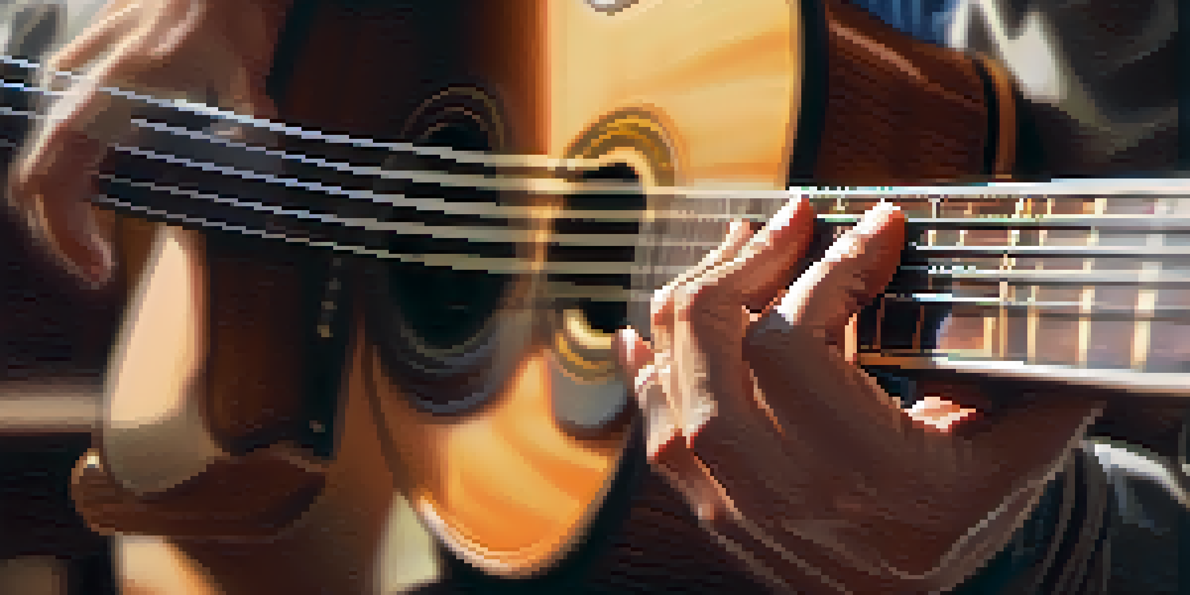 Close-up of a musician's hands playing a classical guitar in a sunlit room, with a blurred bookshelf in the background.