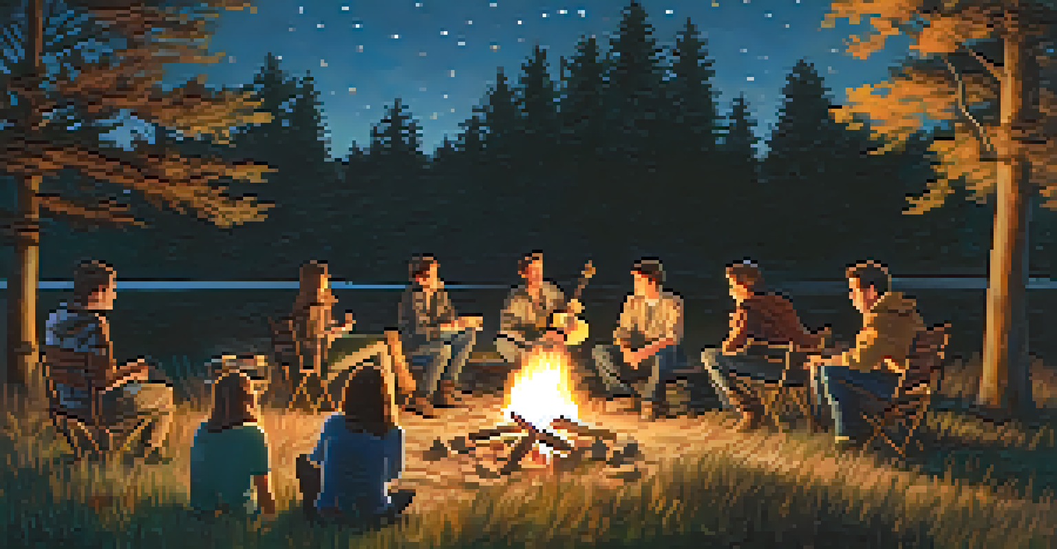 A group of friends around a campfire, with one person playing an acoustic guitar, illuminated by the firelight and starlit sky.