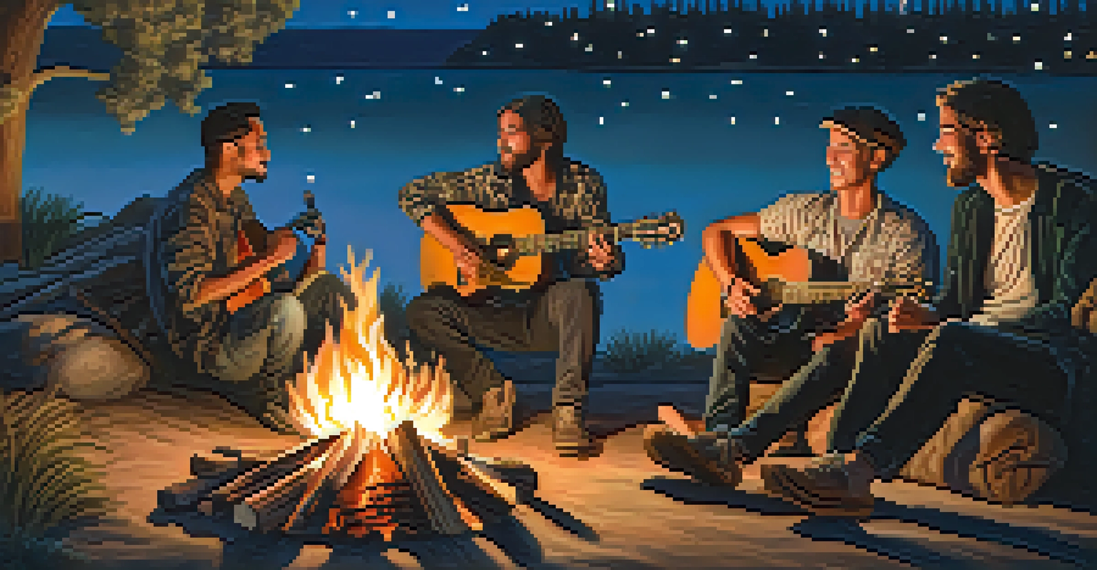 A group of diverse musicians around a campfire playing acoustic guitars at dusk, with stars in the sky.