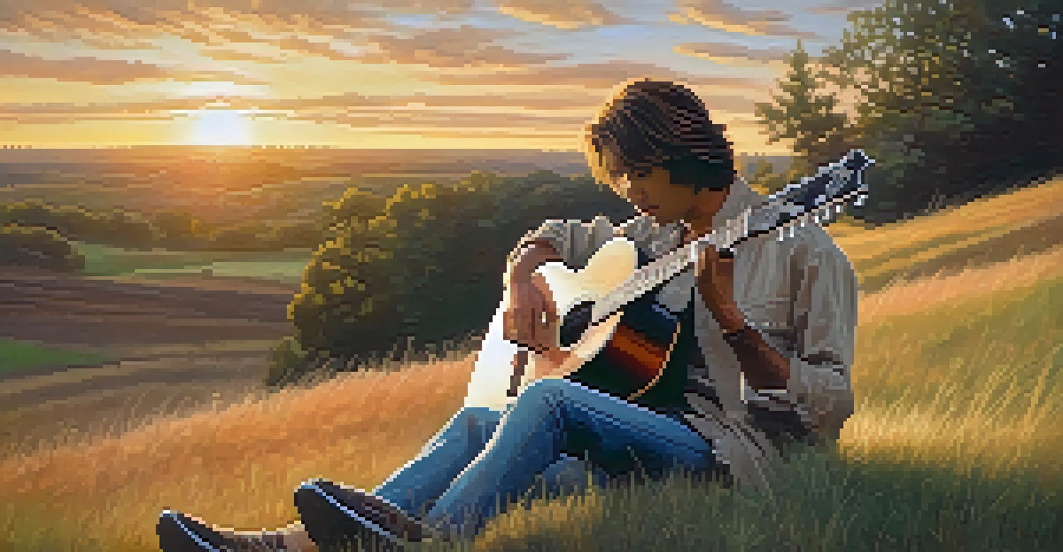 A guitarist tuning their guitar on a hill at sunset, surrounded by a beautiful landscape.