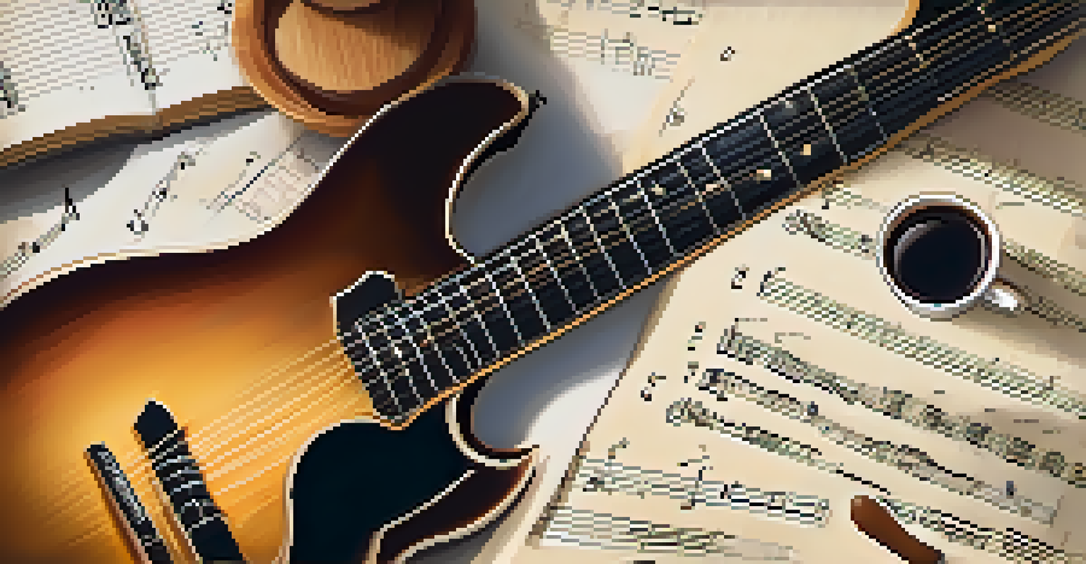 An overhead view of a guitar fretboard and sheet music with arpeggio shapes, accompanied by a guitar pick and coffee cup in natural light.