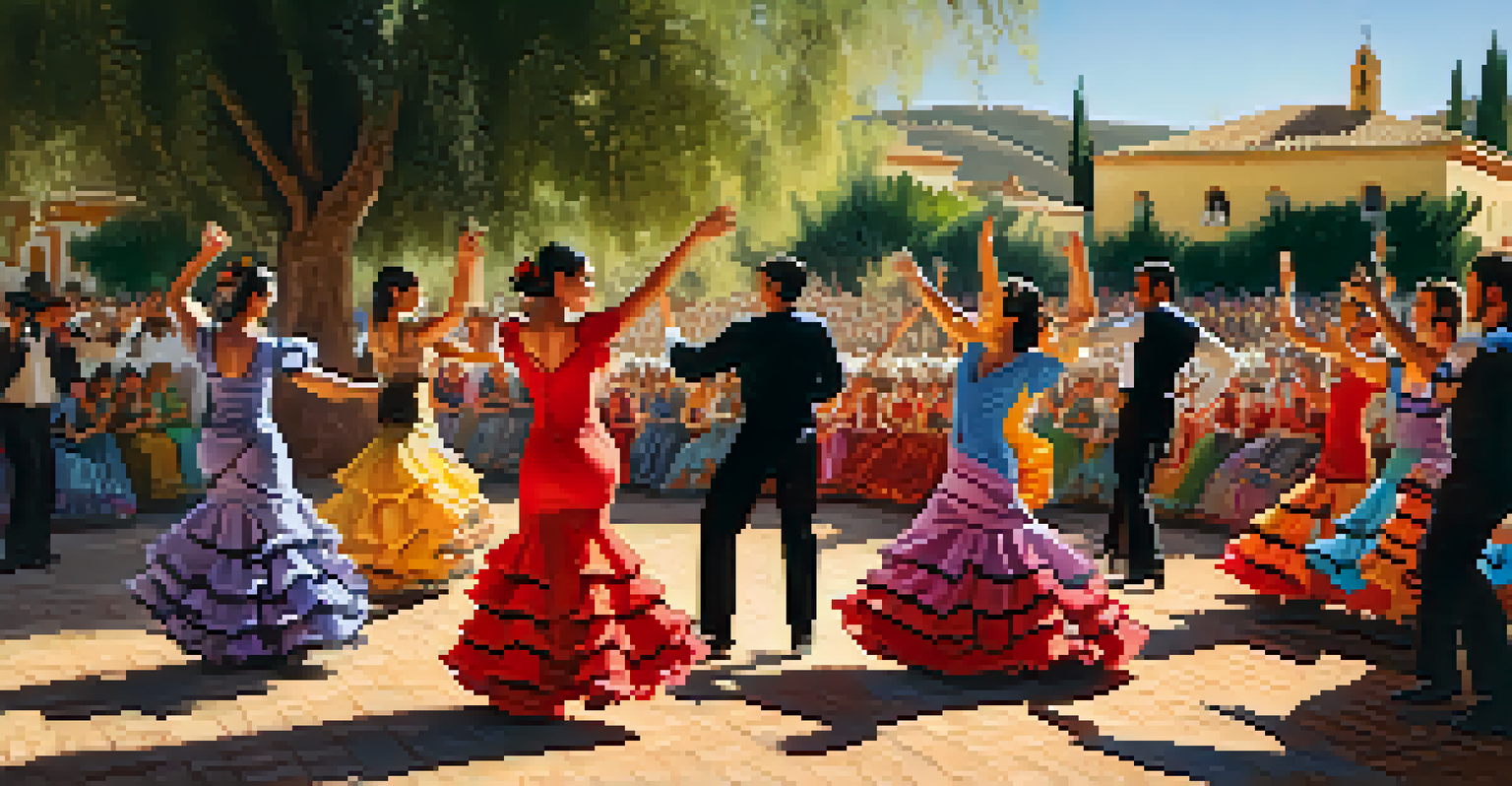 An outdoor Flamenco festival with musicians and dancers performing against an Andalusian landscape.