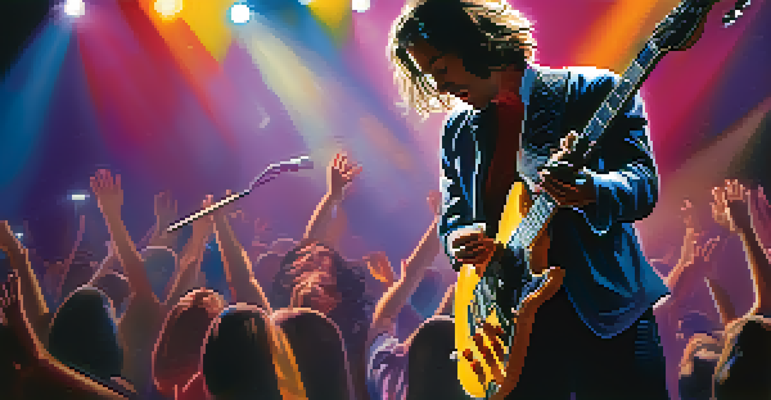 A musician performing with an electric guitar on stage, surrounded by colorful lighting and a blurred audience.