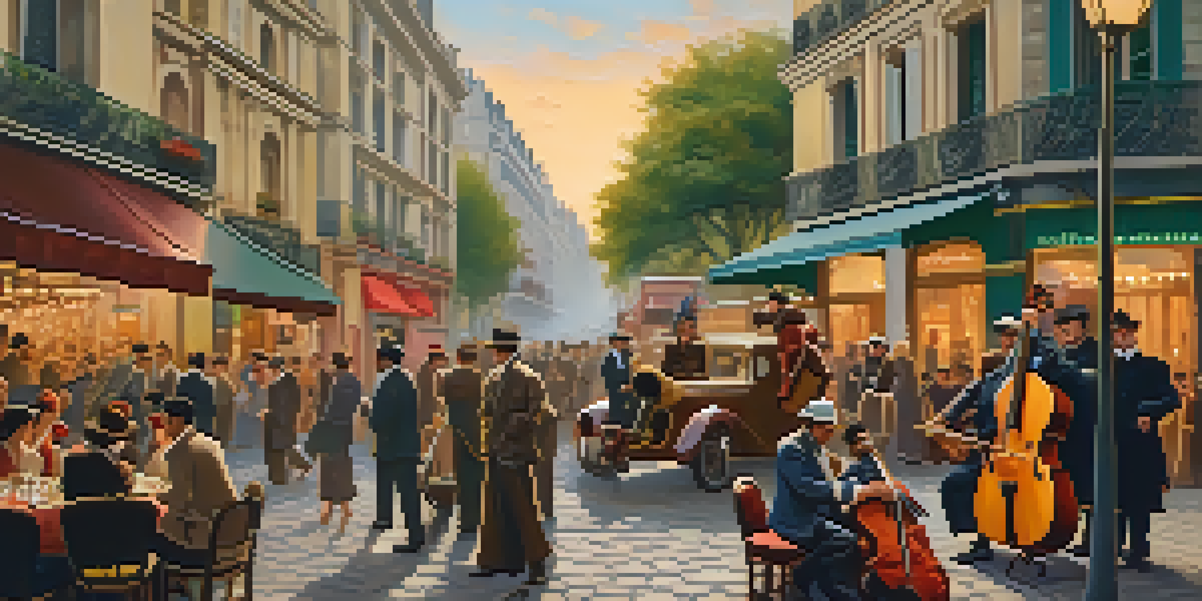 A vibrant street scene in 1930s Paris with Romani musicians playing Gypsy Jazz, surrounded by an engaged audience and classic architecture.